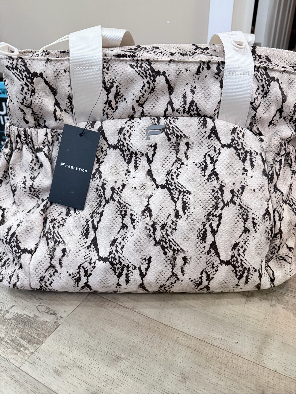 Fabletics Cream and Black Snake-Print Quilted Tote